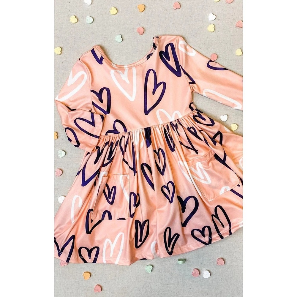 Heart Patterned Pink Kids Dress